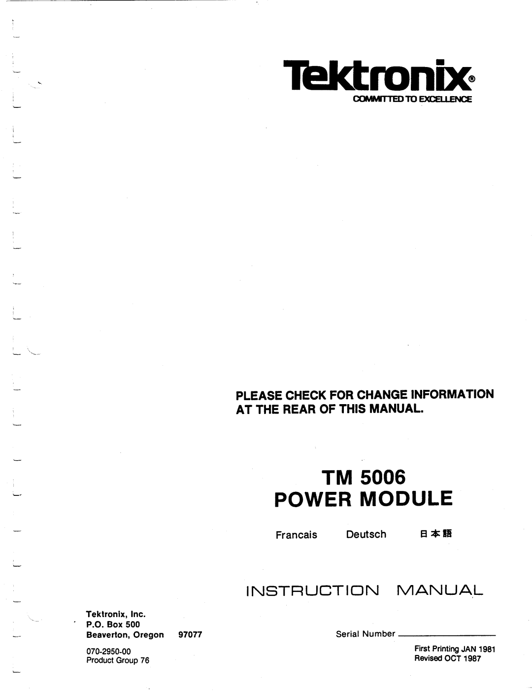 Tektronix TM 5006 manual Serial, Revised OCT, First Printing JA N 