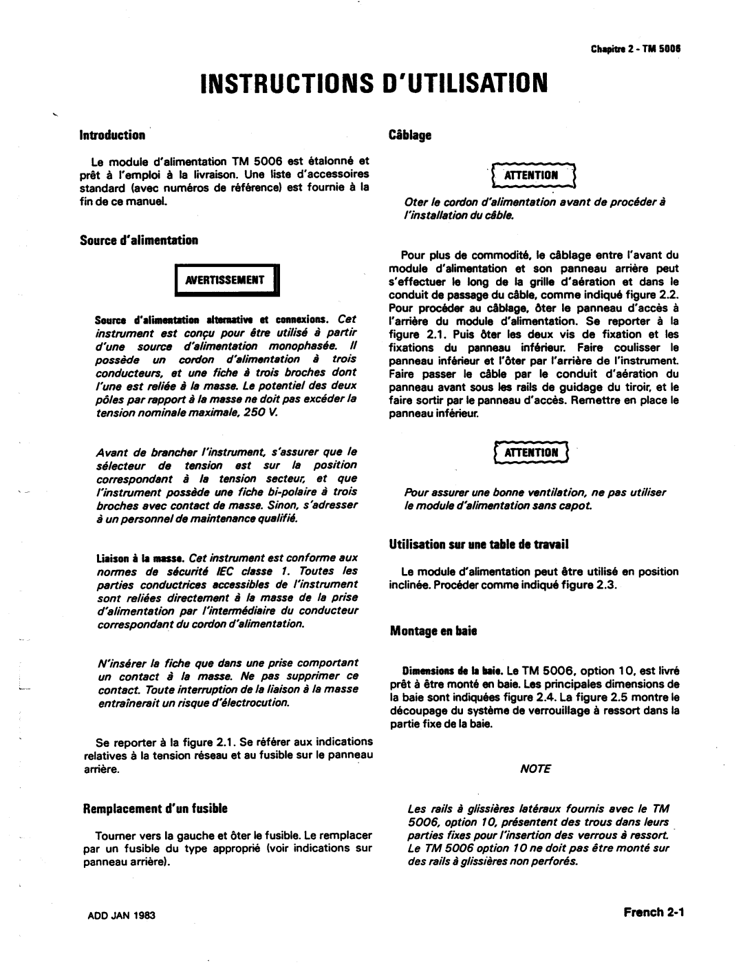 Tektronix TM 5006 manual Avertissemert 