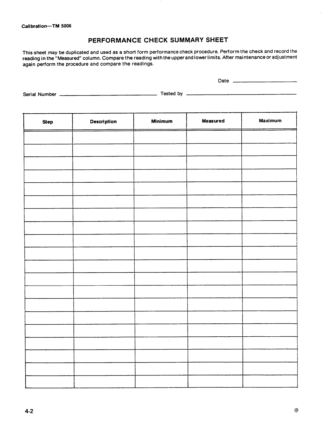 Tektronix TM 5006 manual Perfo Rmance C Heck S Ummary Sheet, Calibration-TM 