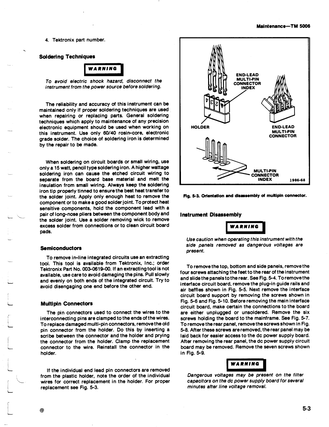 Tektronix TM 5006 manual Semiconductors, Multipin Connectors, Mai ntenance-ΤΜ, Index, Wa Rn I N G 