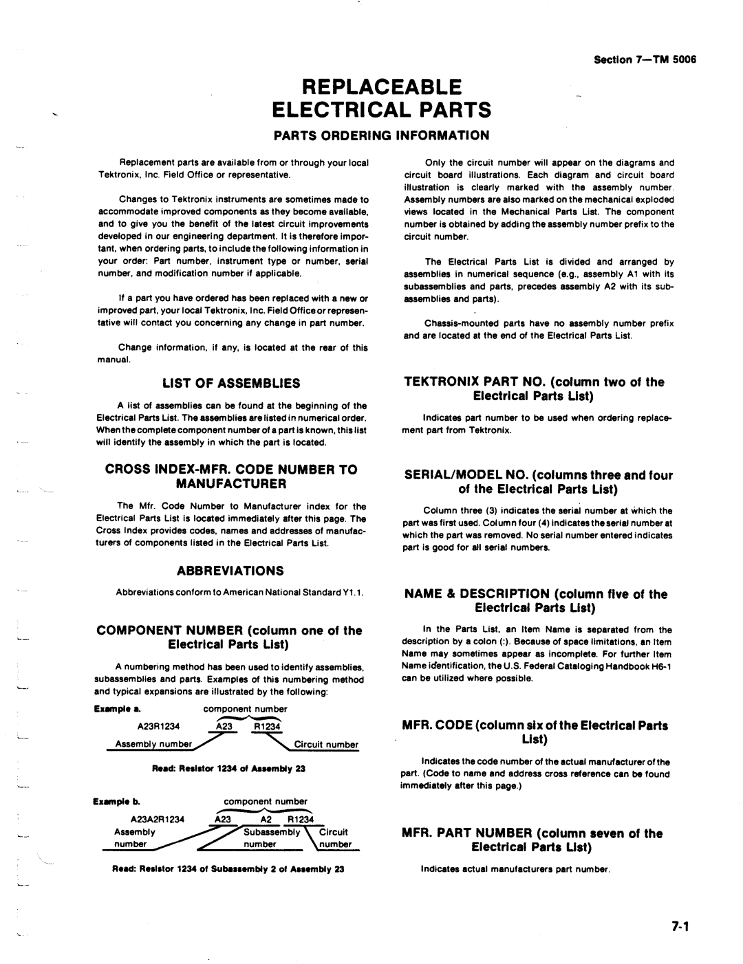 Tektronix TM 5006 Abbreviations conform to American National Standard Υ1, Read Resistor 1234 of Subassembly 2 of Assembly 