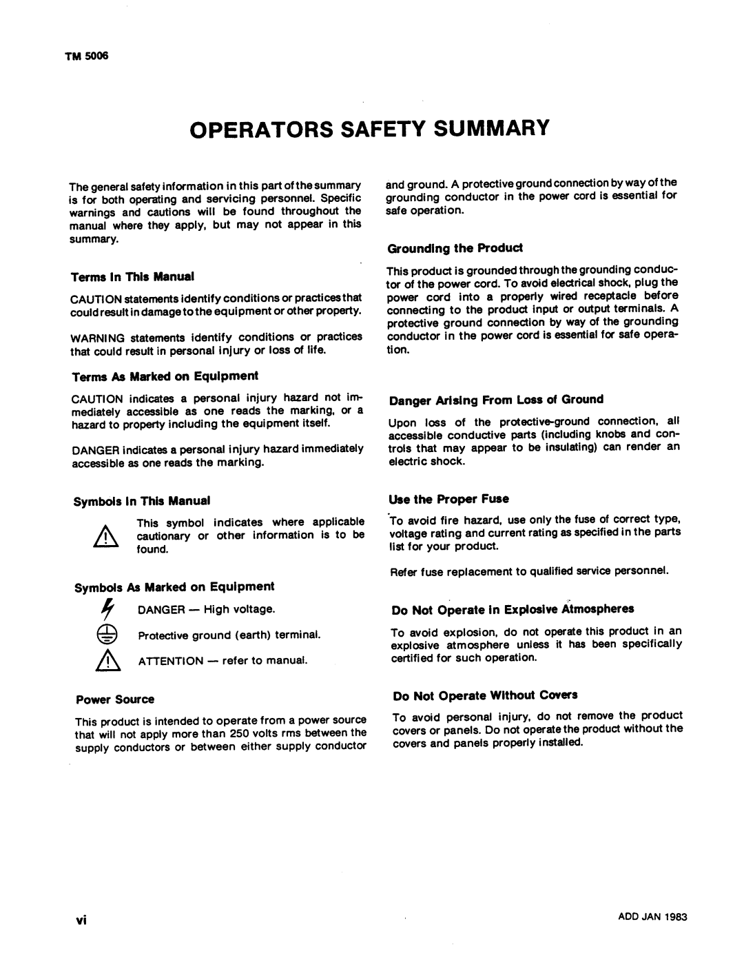 Tektronix TM 5006 manual Terms 1η This Manual, Terms As Marked on Equipment, Do Not Operate Wit hout Covers 