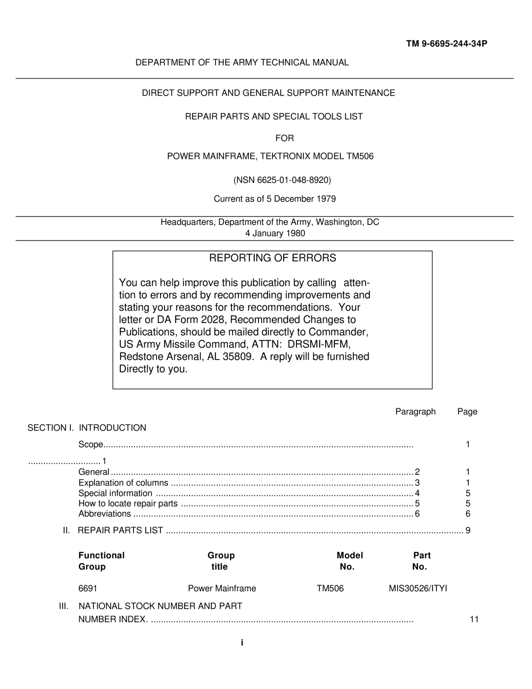 Tektronix TM506 technical manual TM 9-6695-244-34P, Section I. Introduction 