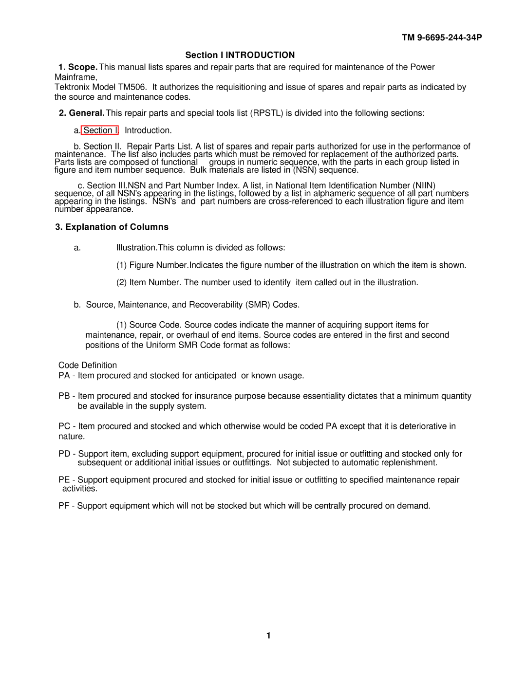 Tektronix TM506 technical manual TM 9-6695-244-34P Section I Introduction, Explanation of Columns 