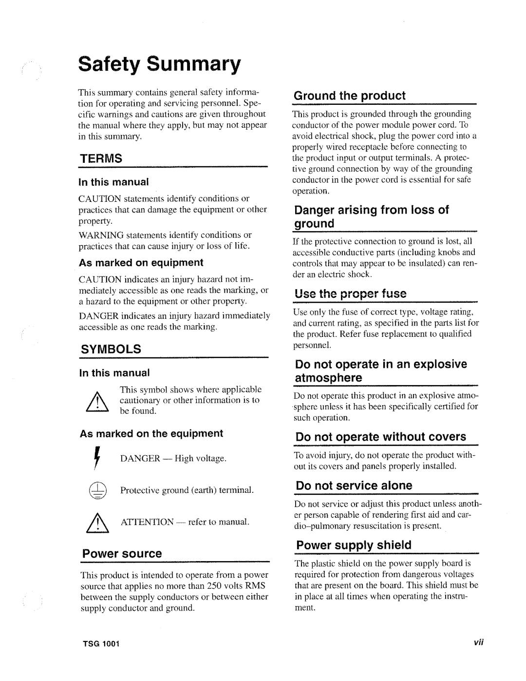 Tektronix TSG 1001 manual 