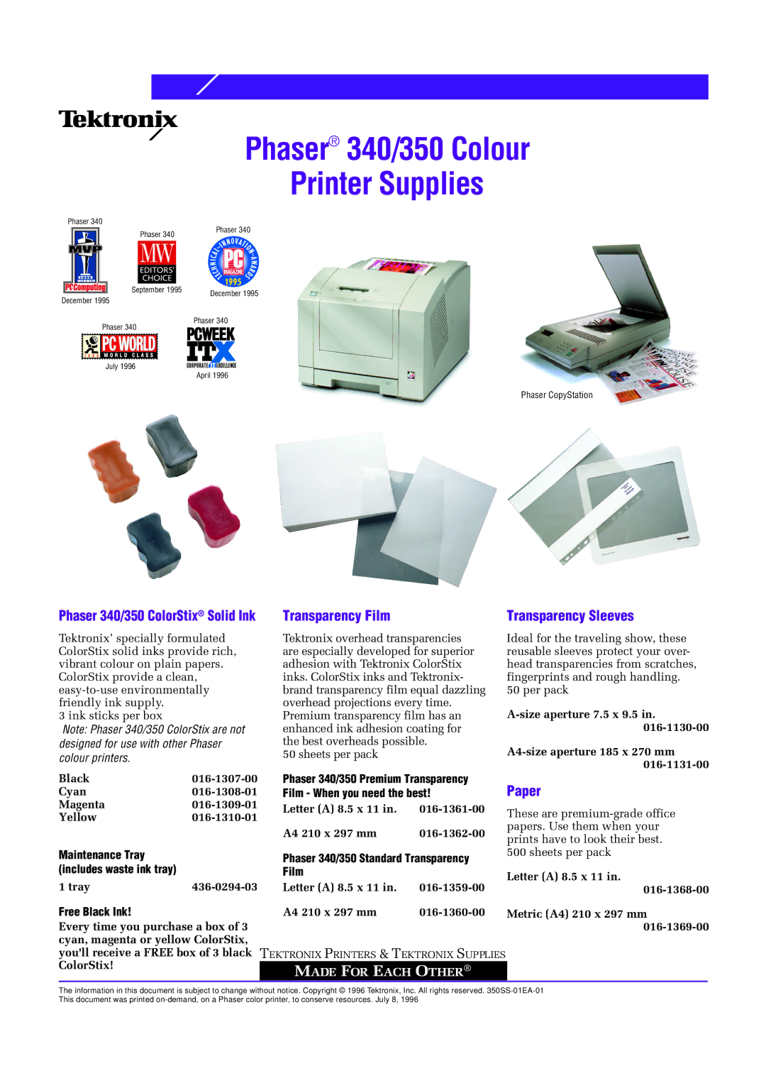 Tektronix Z350FP1, Z350FP4, Z340PL, Z340LTA, Z350FP3, Z340FX, Z350FX manual Transparency Film, Transparency Sleeves, Paper 