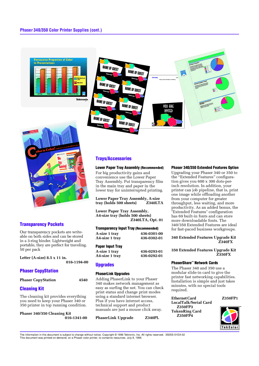 Tektronix Z340PL, Z350FP4, Z350FP1 manual Transparency Pockets, Phaser CopyStation, Cleaning Kit, Trays/Accessories, Upgrades 