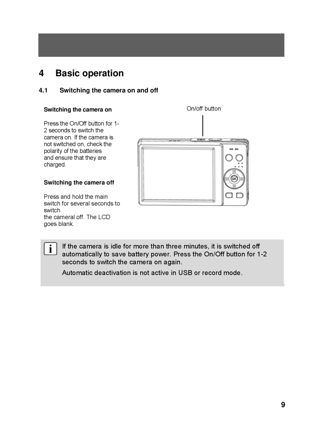 Tekxon Technology K3 manual Basic operation, Switching the camera on and off, Switching the camera off 