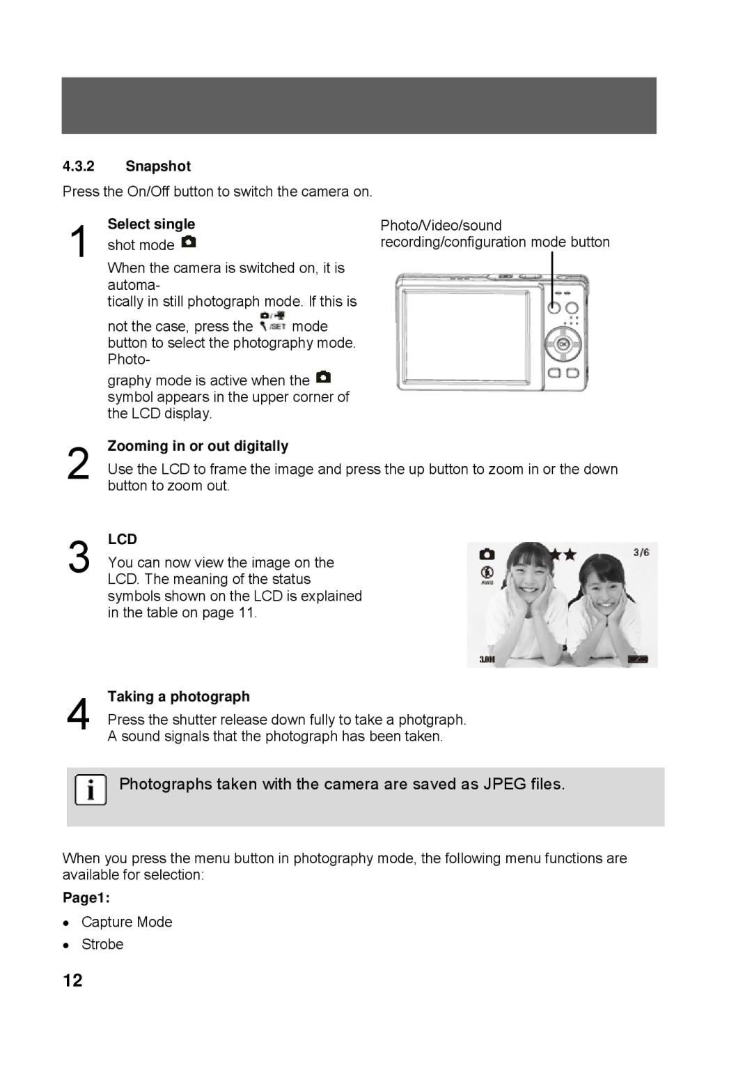 Tekxon Technology K3 manual Snapshot, Select single, Zooming in or out digitally, Taking a photograph, Page1 