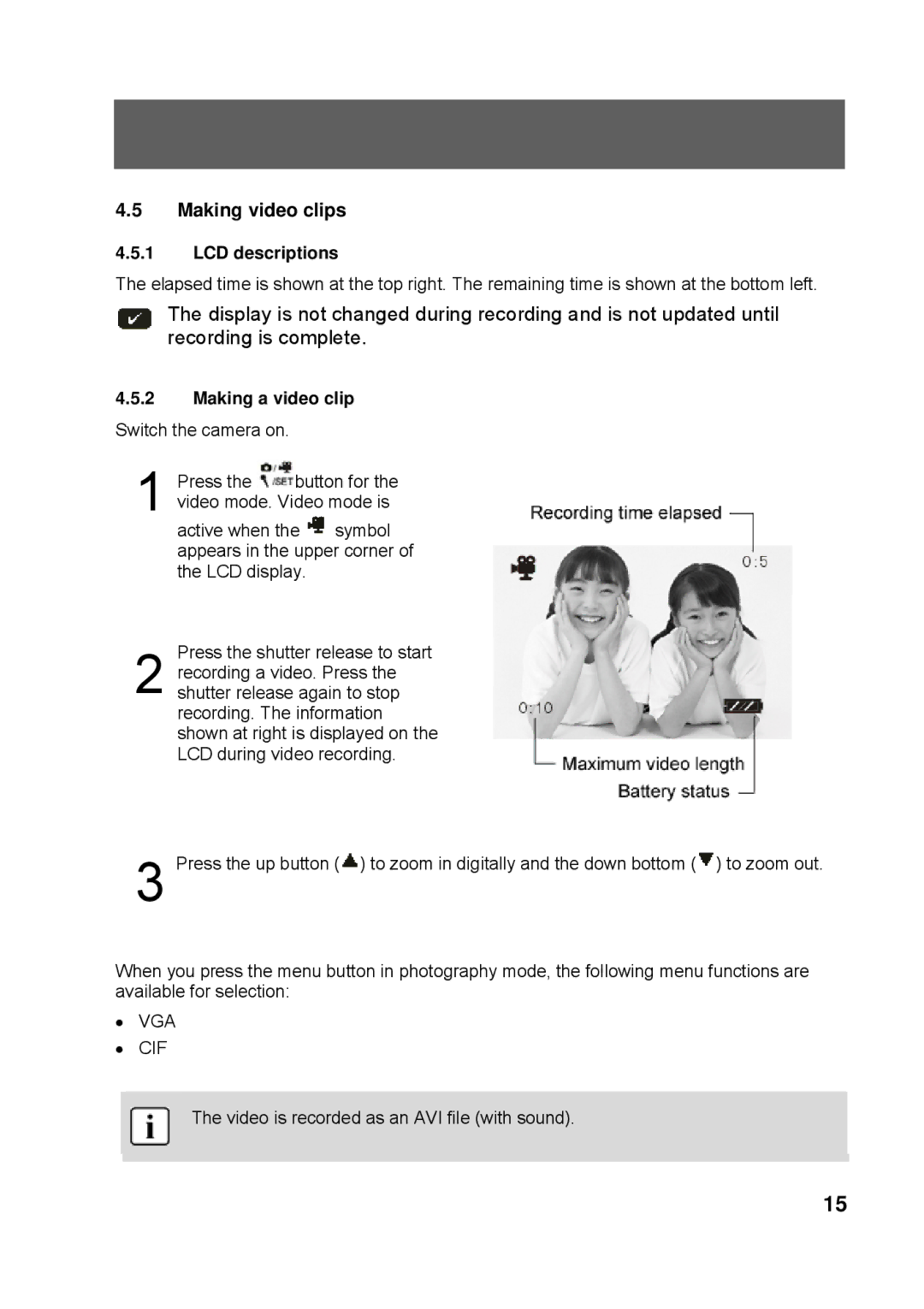 Tekxon Technology K3 manual Making video clips LCD descriptions, Making a video clip 