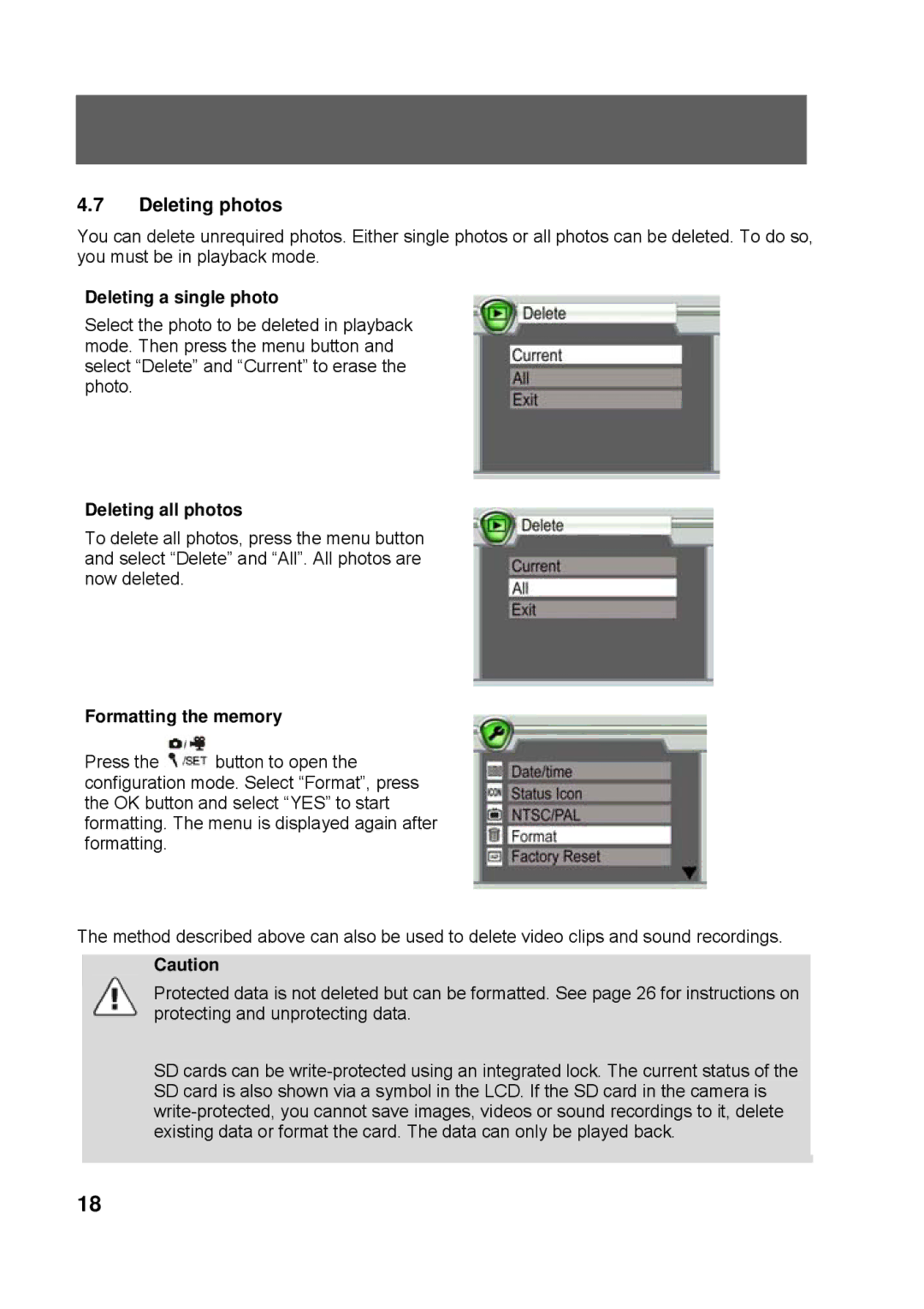 Tekxon Technology K3 manual Deleting photos, Deleting a single photo, Deleting all photos, Formatting the memory 