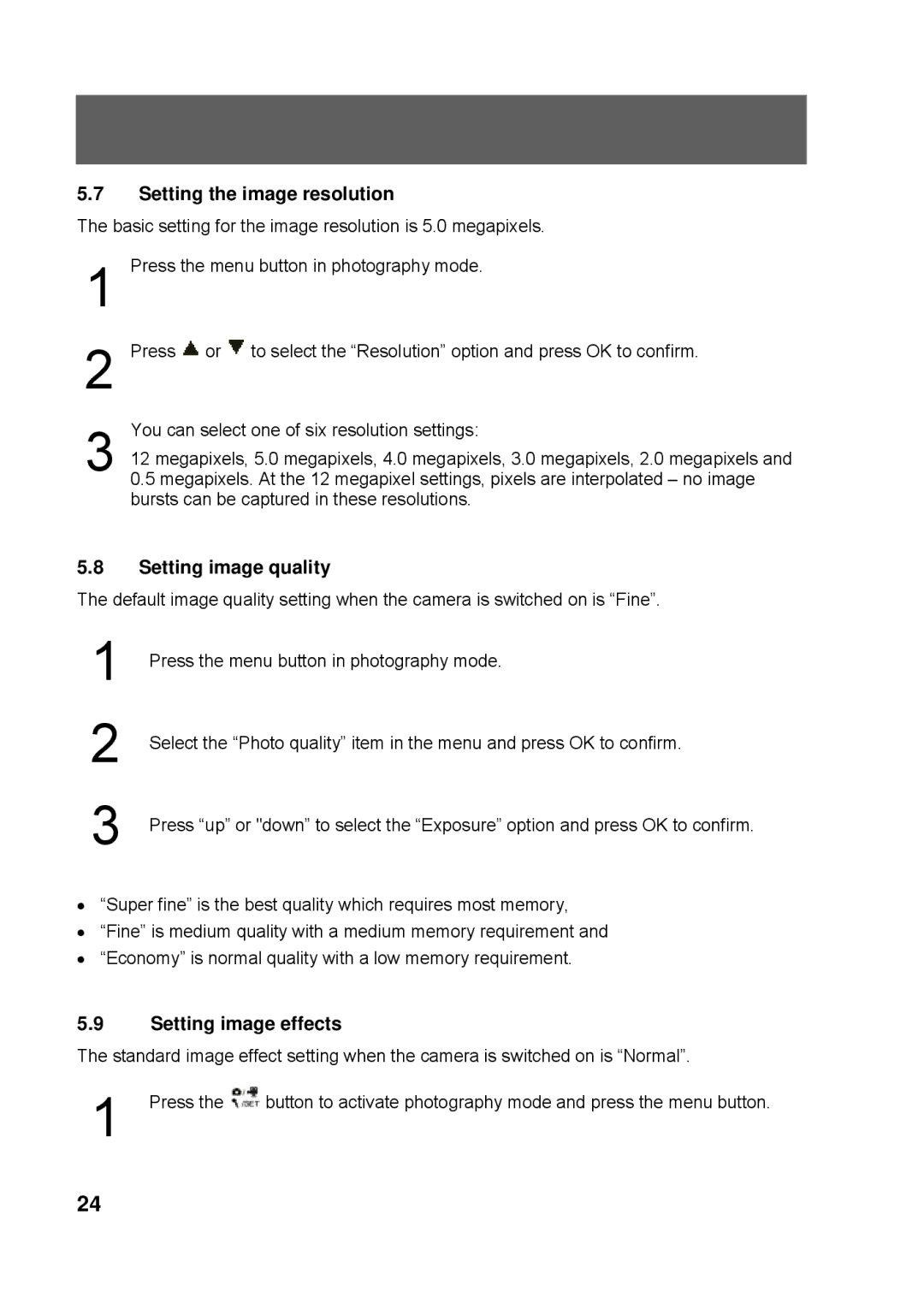 Tekxon Technology K3 manual Setting the image resolution, Setting image quality, Setting image effects 