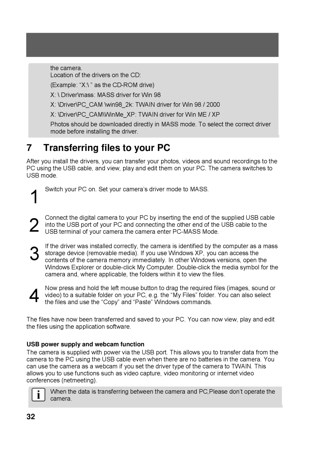 Tekxon Technology K3 manual Transferring files to your PC, USB power supply and webcam function 