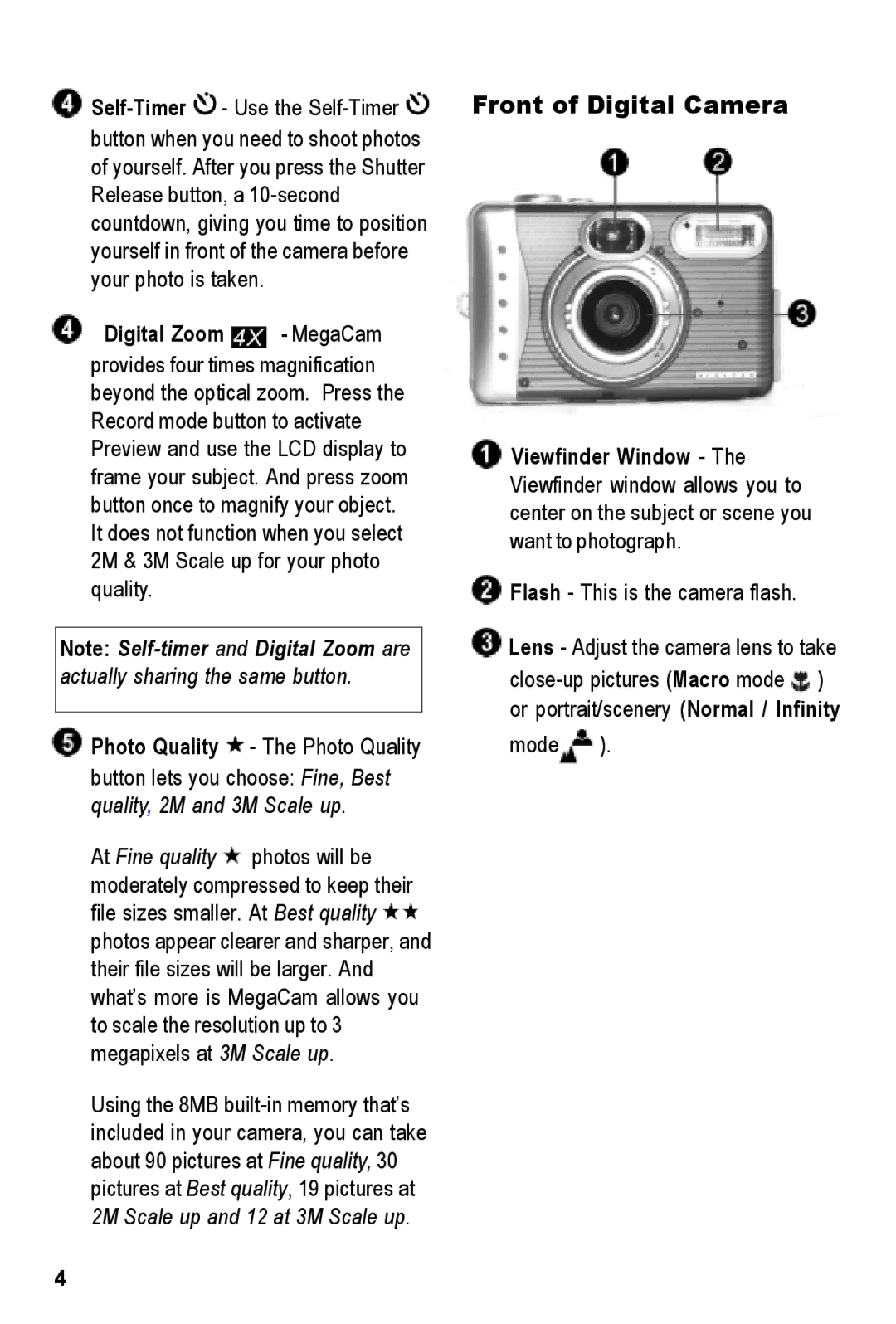 Tekxon Technology MegaCam manual Front of Digital Camera, Flash This is the camera flash, Mode 