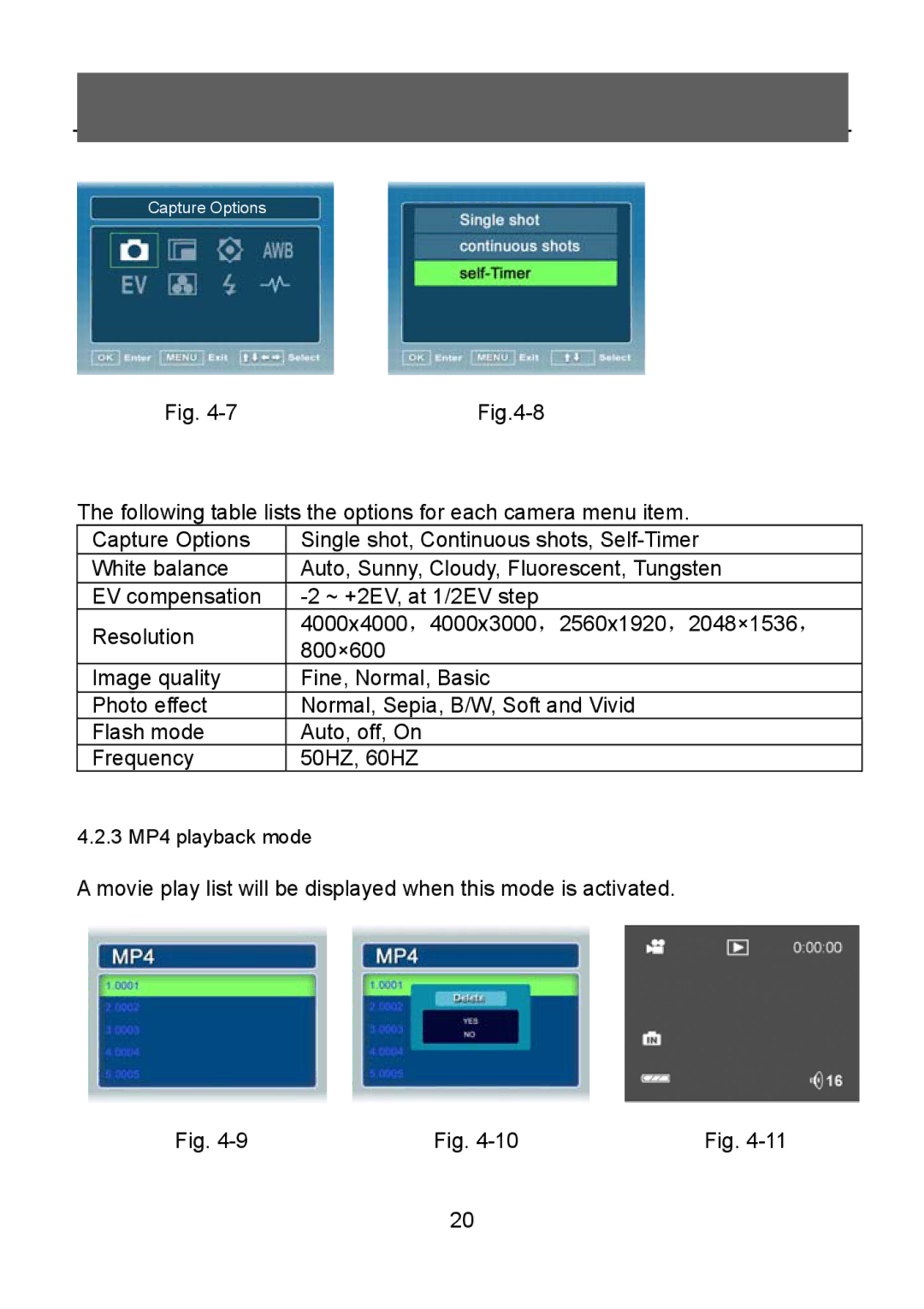 Tekxon Technology V5300 manual Following table lists the options for each camera menu item 