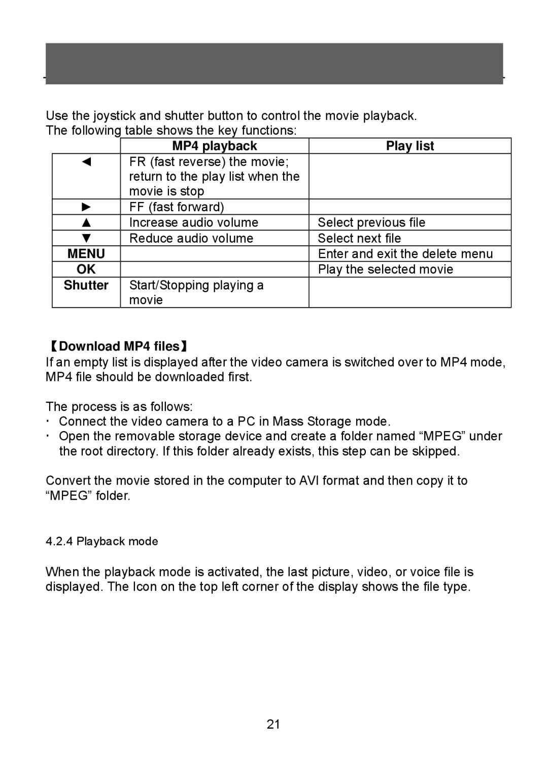 Tekxon Technology V5300 manual MP4 playback Play list, 【Download MP4 files】 