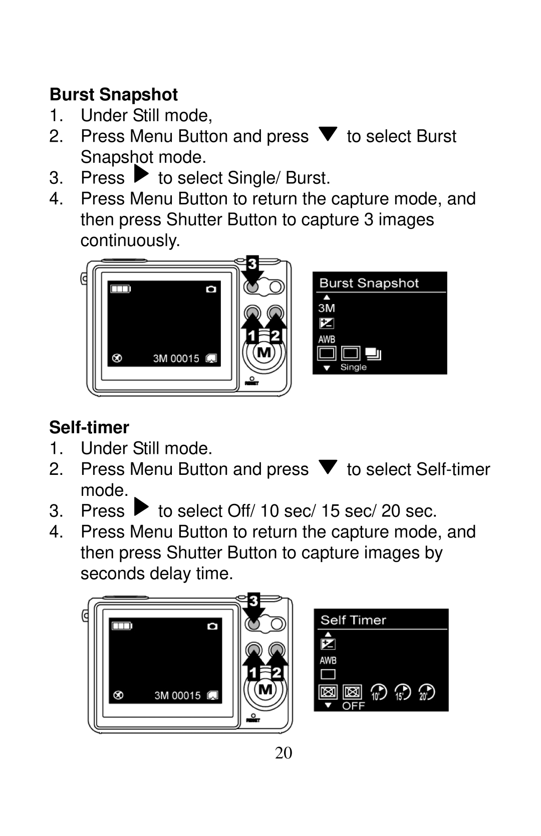 Tekxon Technology X51 manual Burst Snapshot, Self-timer 