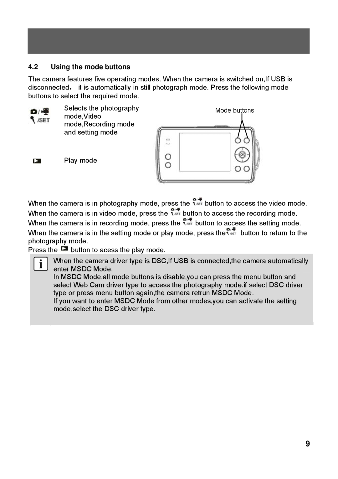 Tekxon Technology X52 manual Using the mode buttons, Mode,Video Mode,Recording mode Setting mode Play mode 