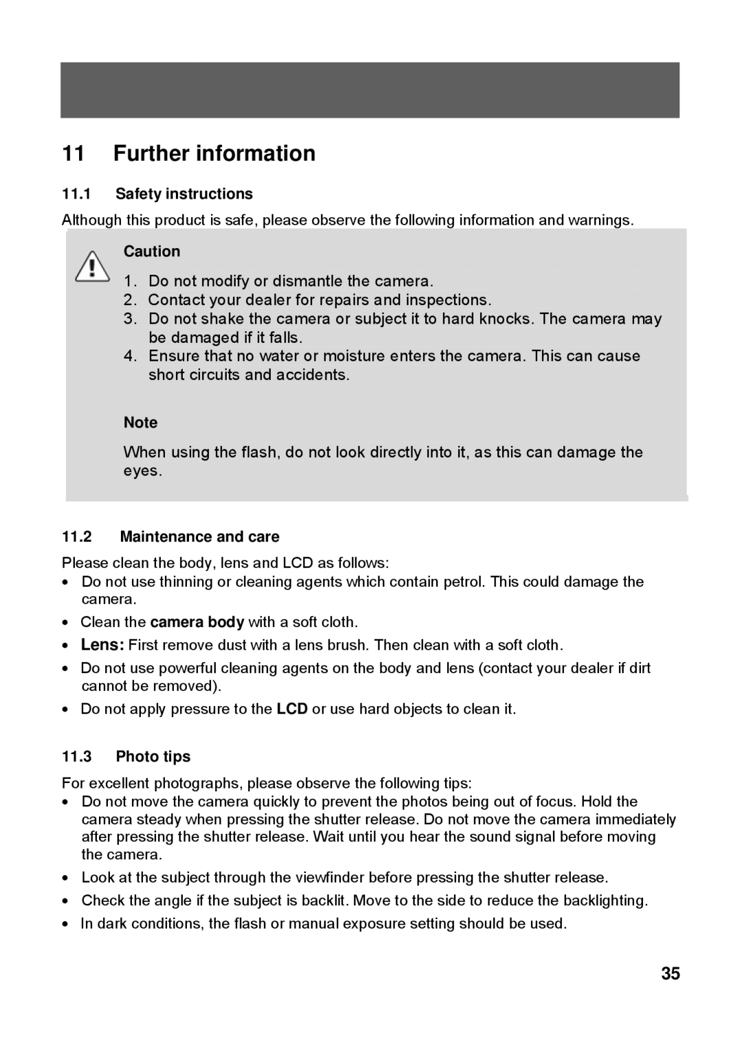 Tekxon Technology X52 manual Further information, Safety instructions, Maintenance and care, Photo tips 