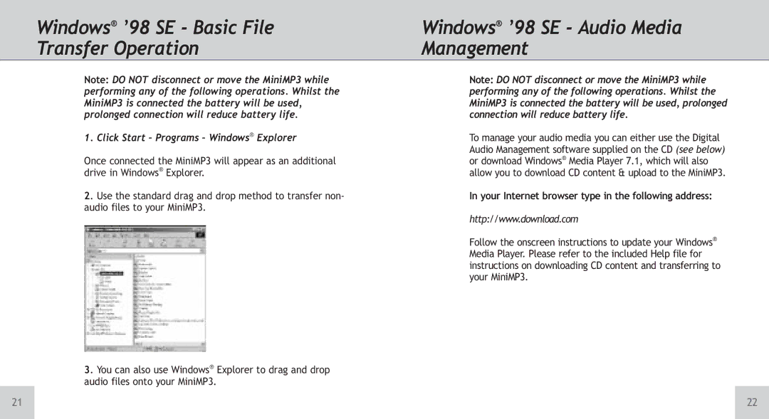 TeleAdapt Mini MP3 Player Windows¨ Õ98 SE Basic File Transfer Operation, Windows¨ Õ98 SE Audio Media Management 