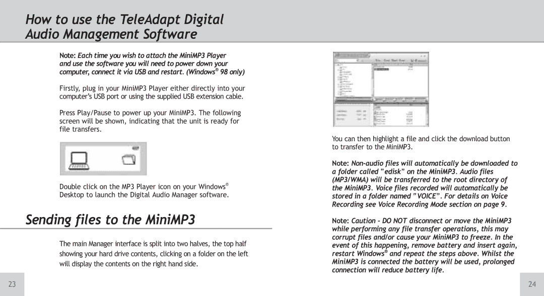 TeleAdapt Mini MP3 Player Sending files to the MiniMP3, How to use the TeleAdapt Digital Audio Management Software 