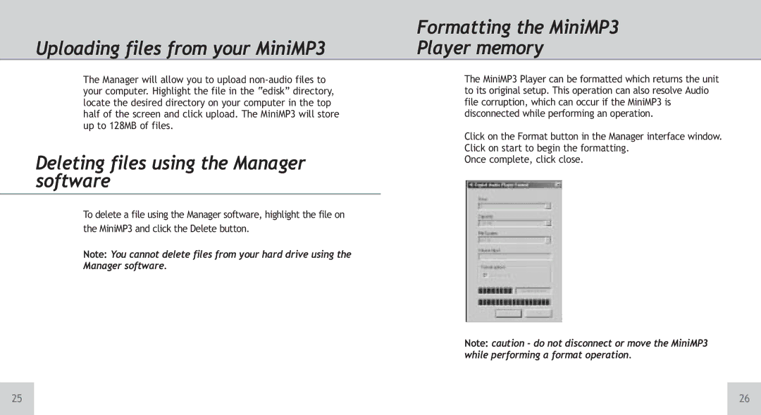 TeleAdapt Mini MP3 Player instruction manual Uploading files from your MiniMP3, Deleting files using the Manager software 