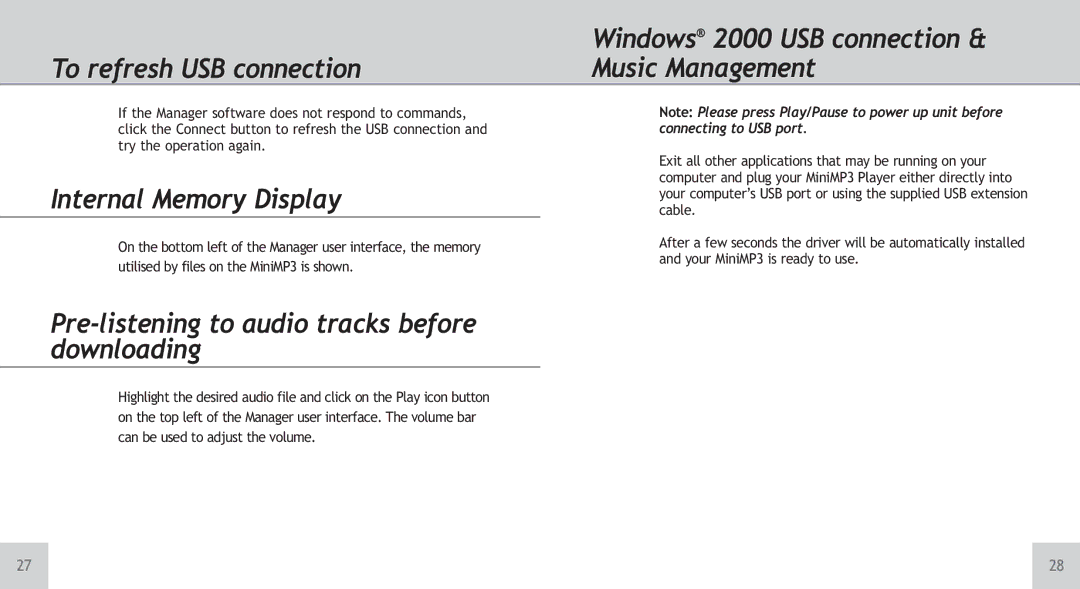 TeleAdapt Mini MP3 Player instruction manual To refresh USB connection, Internal Memory Display 