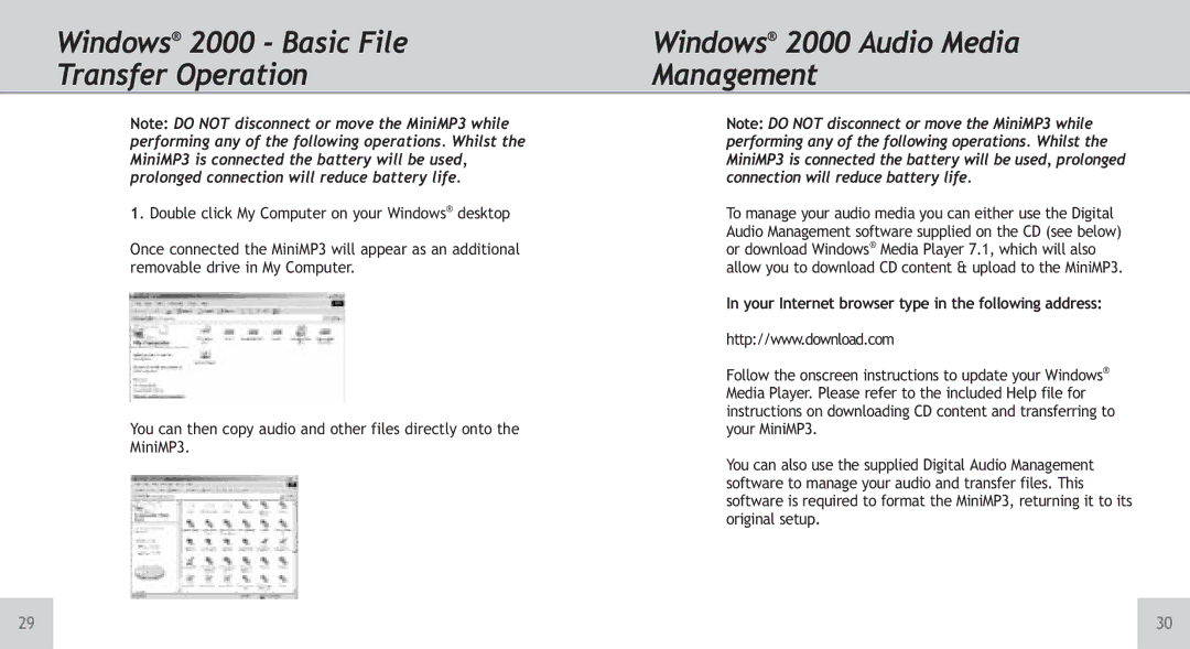 TeleAdapt Mini MP3 Player Windows¨ 2000 Basic File Transfer Operation, Windows¨ 2000 Audio Media Management 