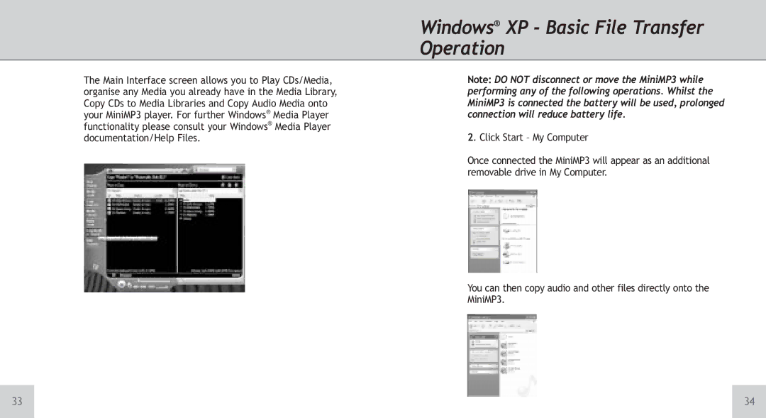 TeleAdapt Mini MP3 Player instruction manual Windows¨ XP Basic File Transfer Operation 