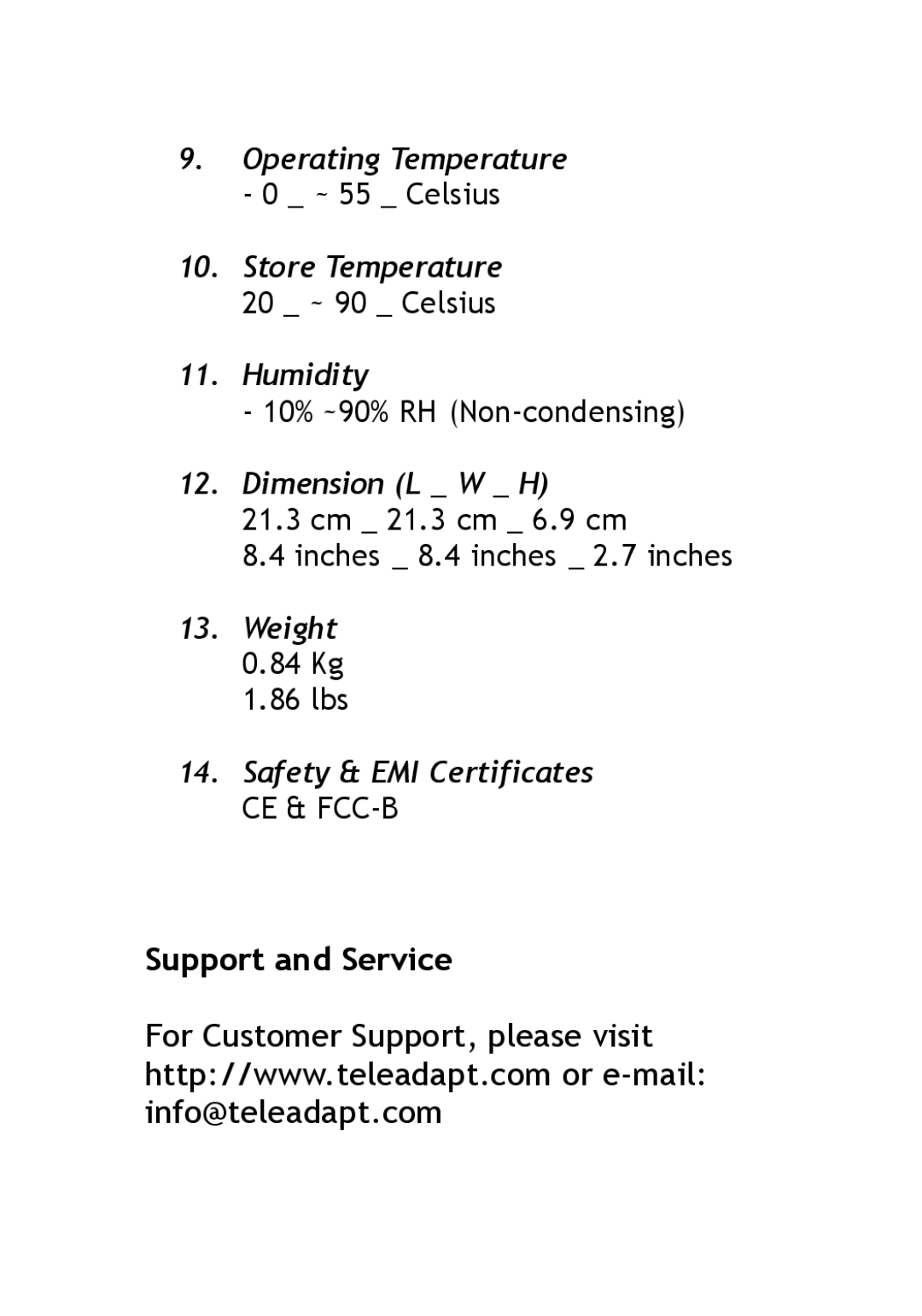 TeleAdapt TA-6500 user manual Support and Service 