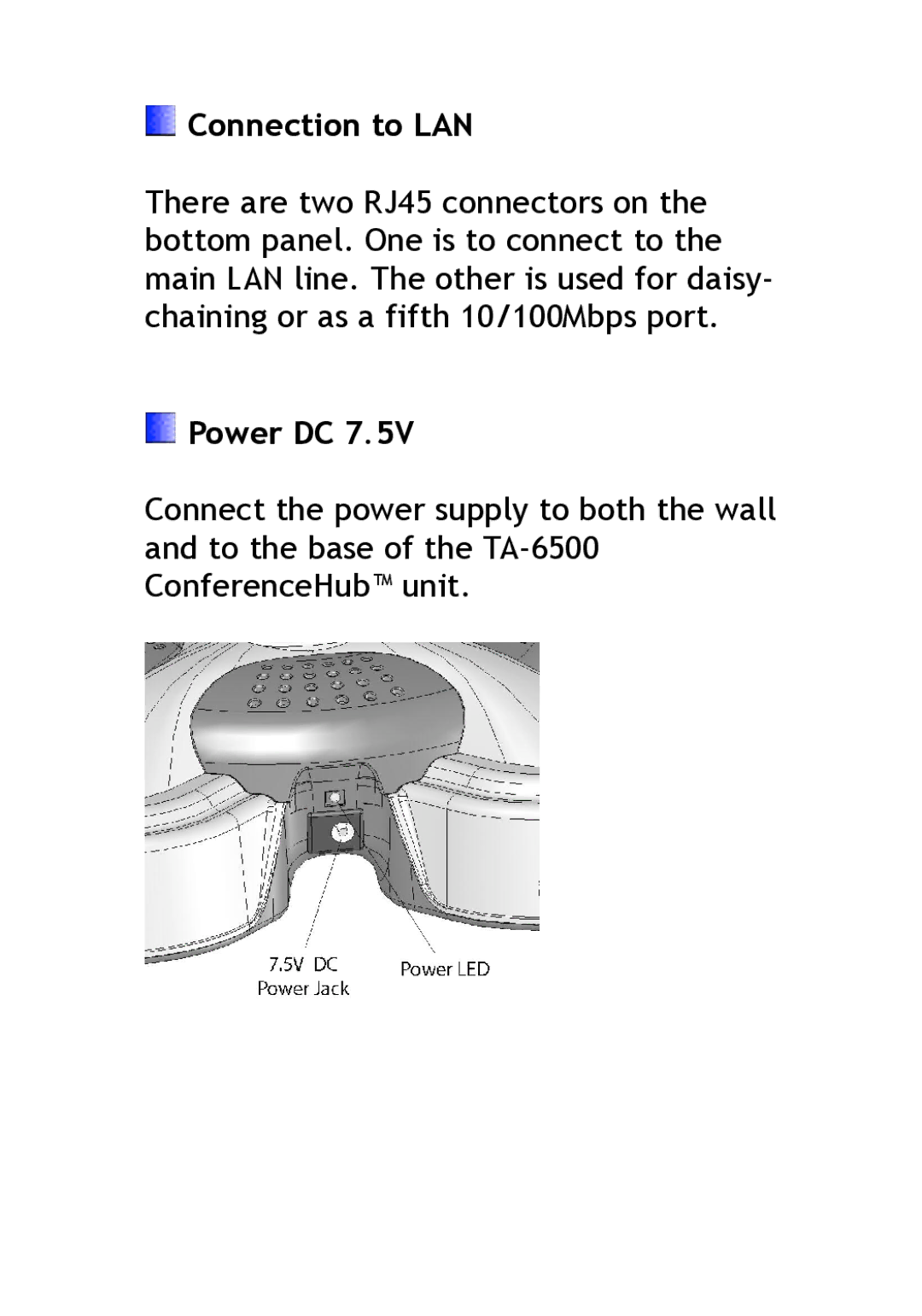 TeleAdapt TA-6500 user manual Connection to LAN, Power DC 