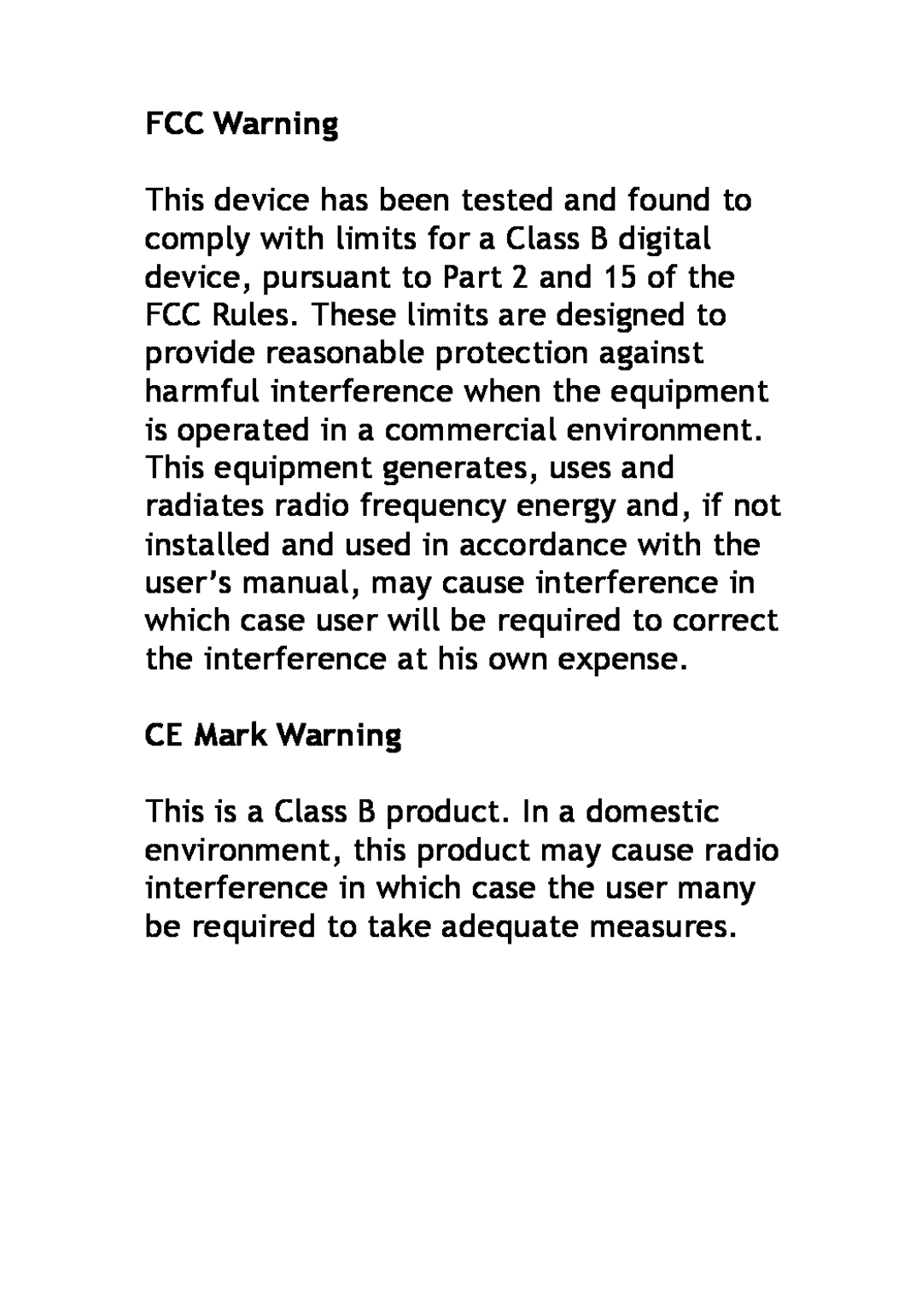 TeleAdapt TA-6500 user manual FCC Warning, CE Mark Warning 
