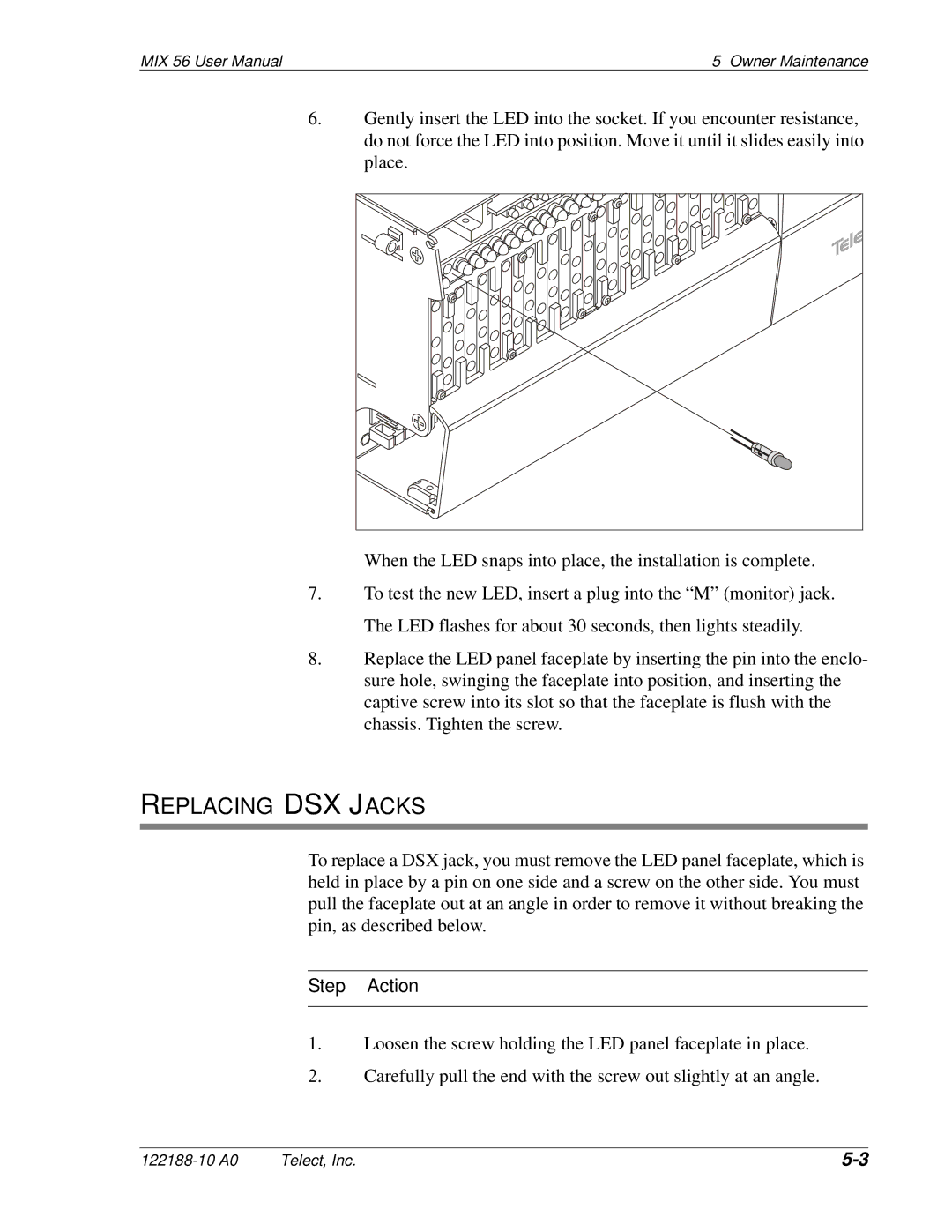 Telect MIX 56 user manual Replacing DSX Jacks 