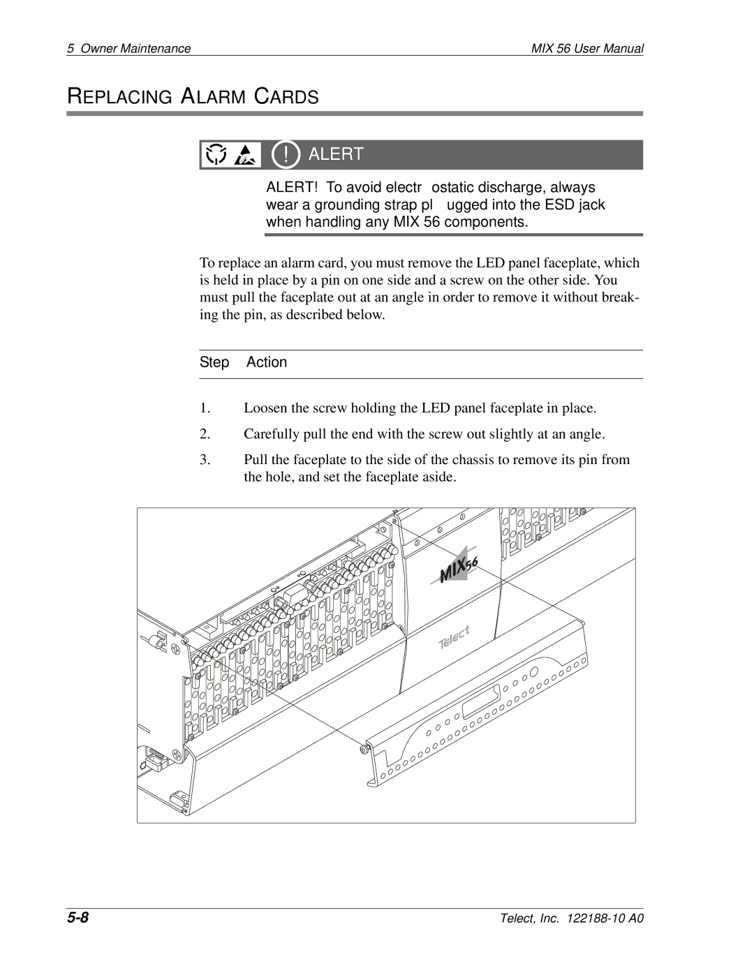 Telect MIX 56 user manual Replacing Alarm Cards 