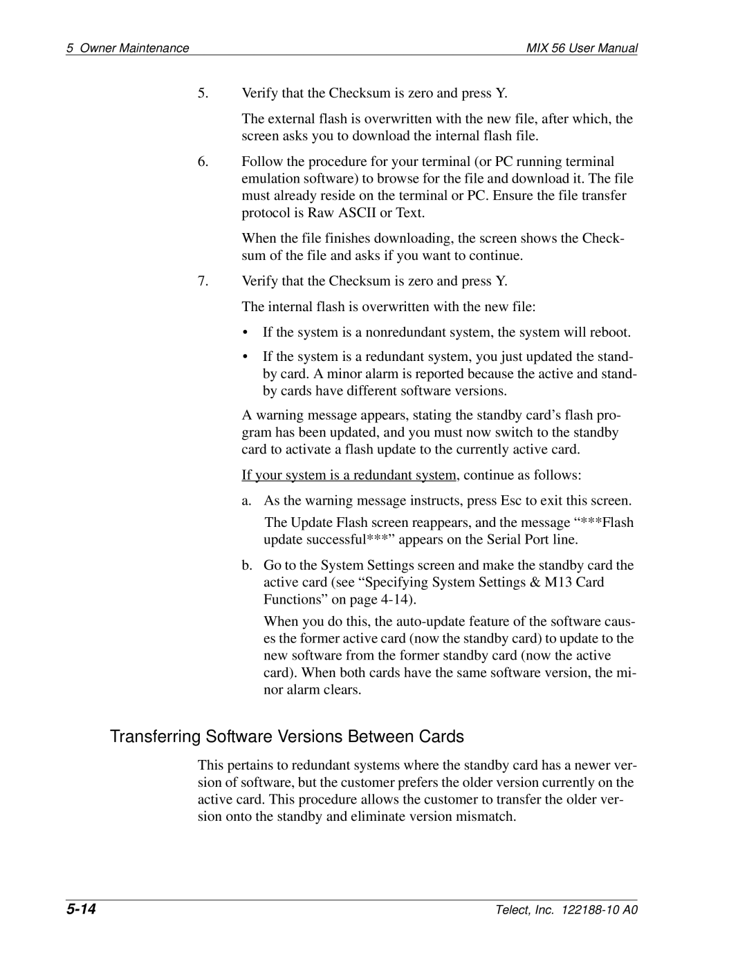 Telect MIX 56 user manual Transferring Software Versions Between Cards 