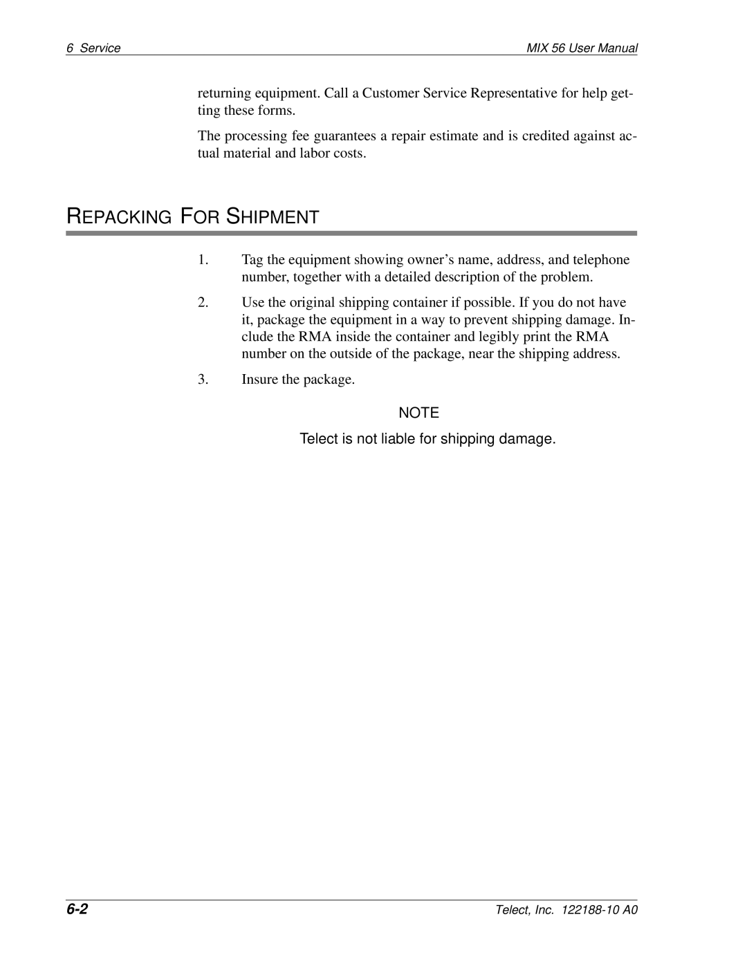 Telect MIX 56 user manual Repacking for Shipment 