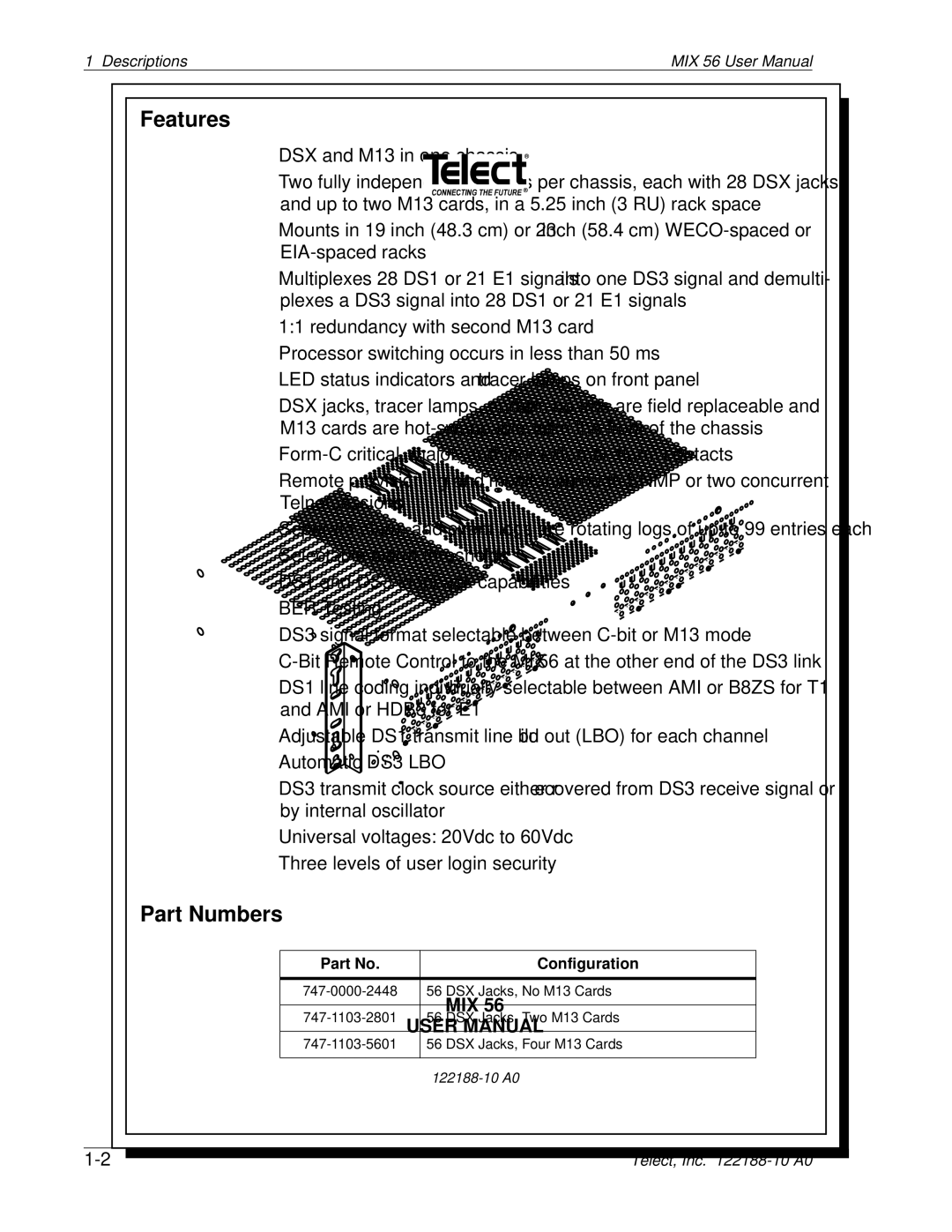 Telect MIX 56 user manual Features, Part Numbers 