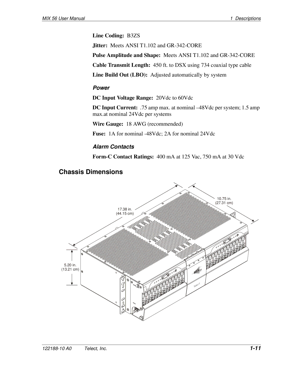 Telect MIX 56 user manual Chassis Dimensions, Power, Alarm Contacts 