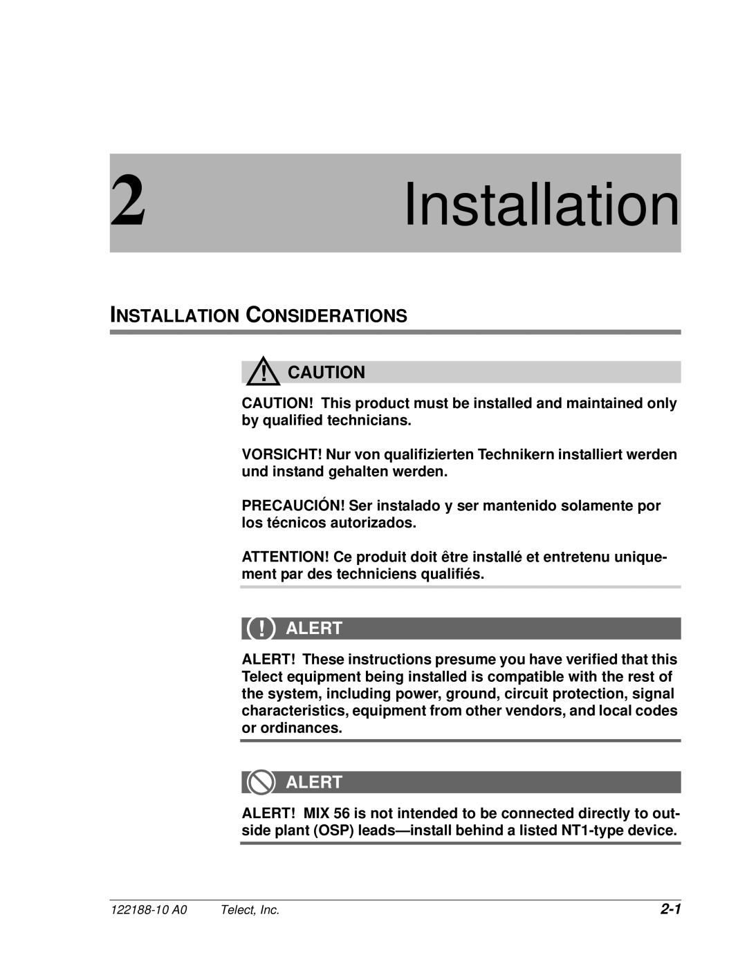 Telect MIX 56 user manual Installation Considerations 