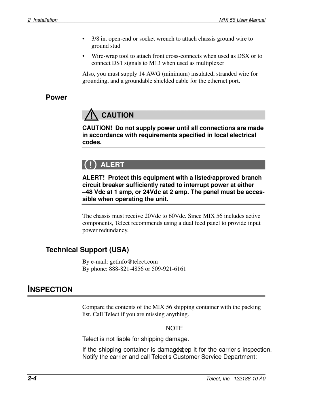 Telect MIX 56 user manual Power, Technical Support USA, Inspection 