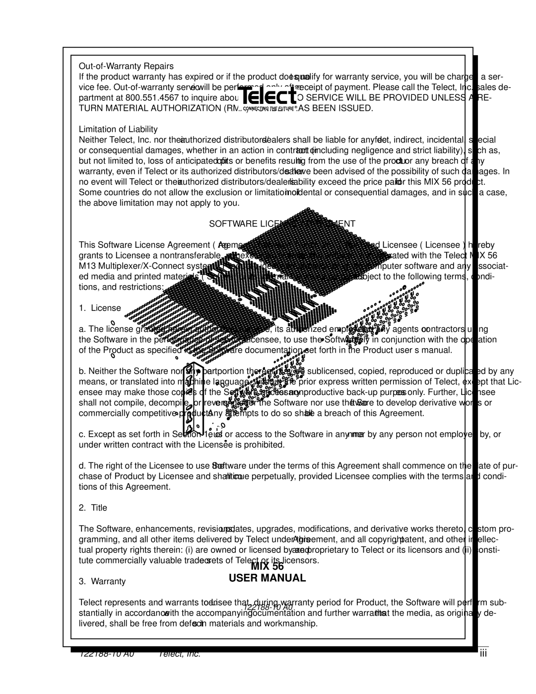 Telect MIX 56 user manual Iii, Out-of-Warranty Repairs 