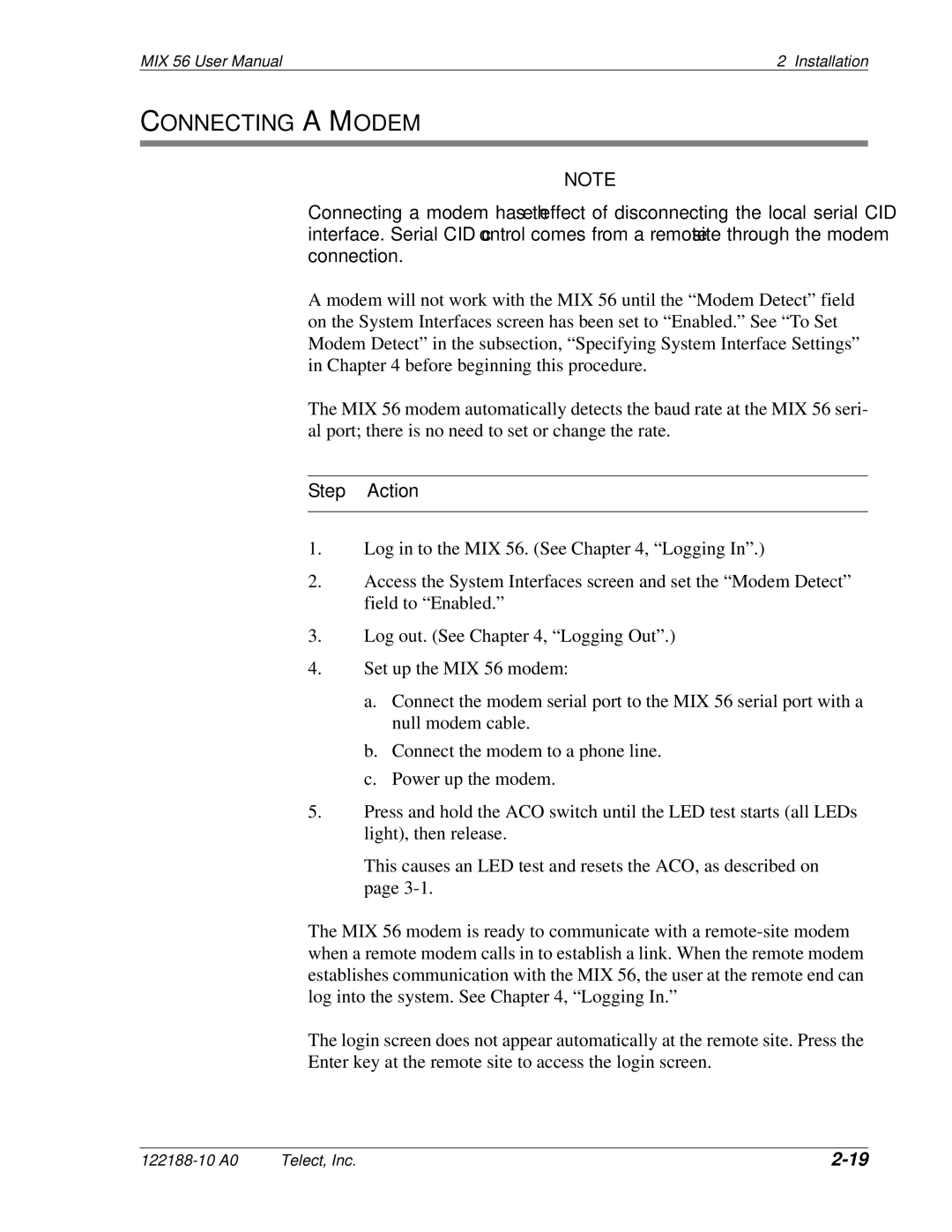 Telect MIX 56 user manual Connecting a Modem 