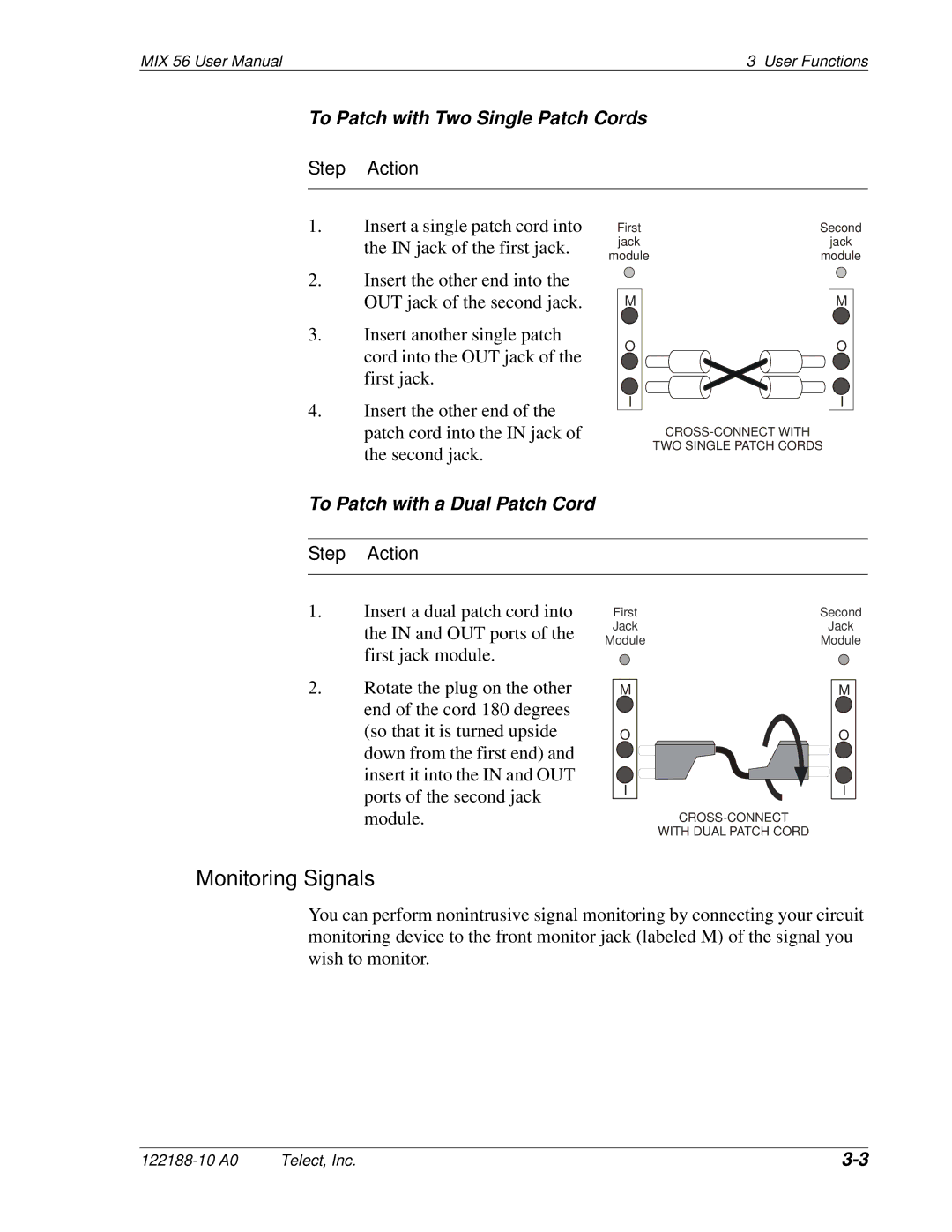 Telect MIX 56 user manual Monitoring Signals, To Patch with Two Single Patch Cords, To Patch with a Dual Patch Cord 