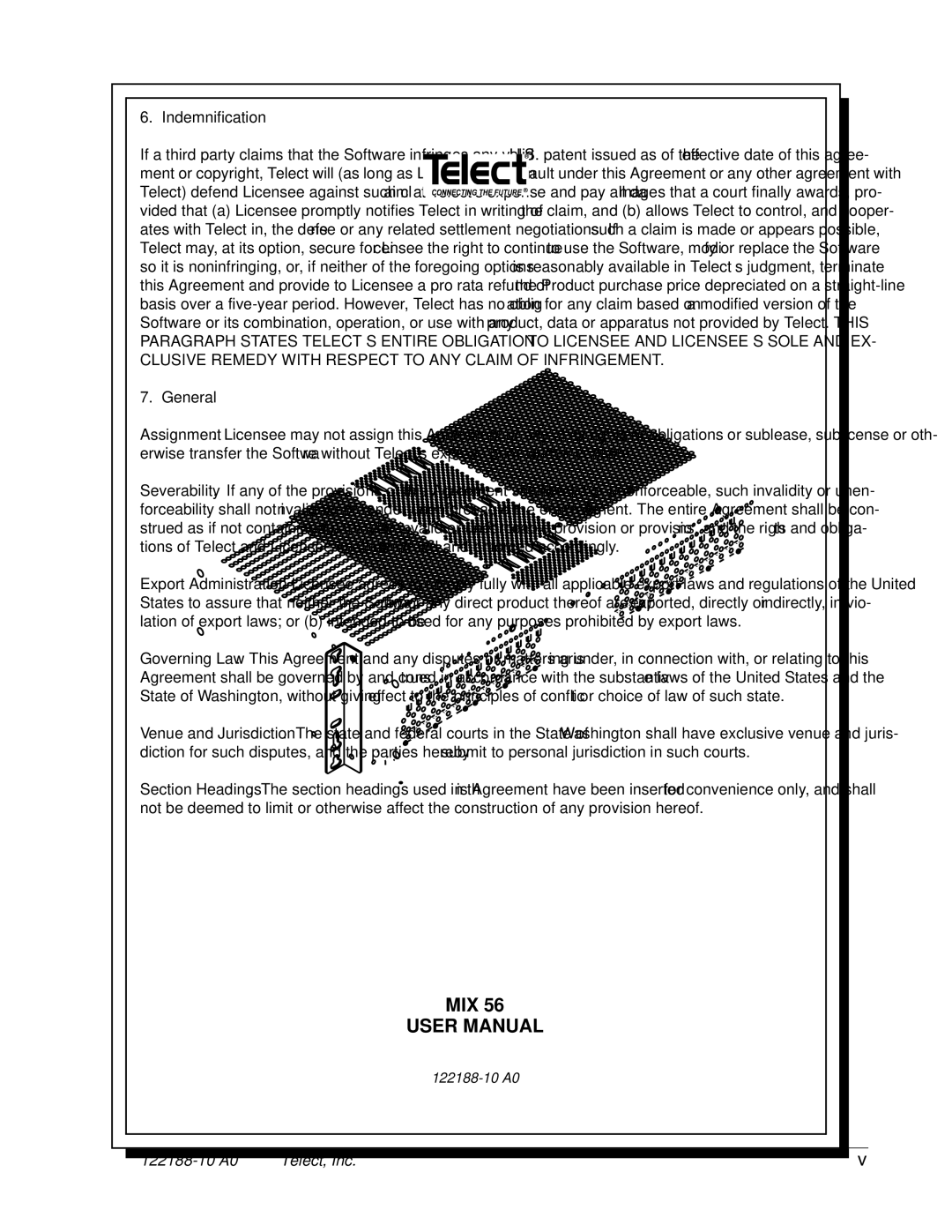 Telect MIX 56 user manual Indemnification 