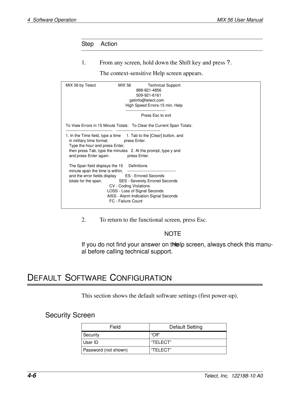 Telect MIX 56 user manual Default Software Configuration, Security Screen 