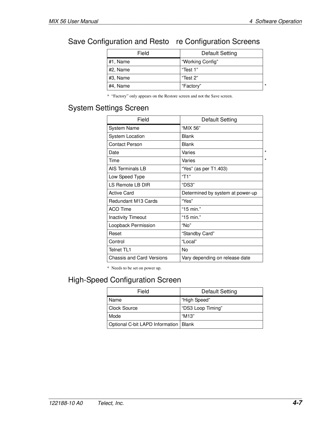 Telect MIX 56 user manual Save Configuration and Restore Configuration Screens, System Settings Screen 