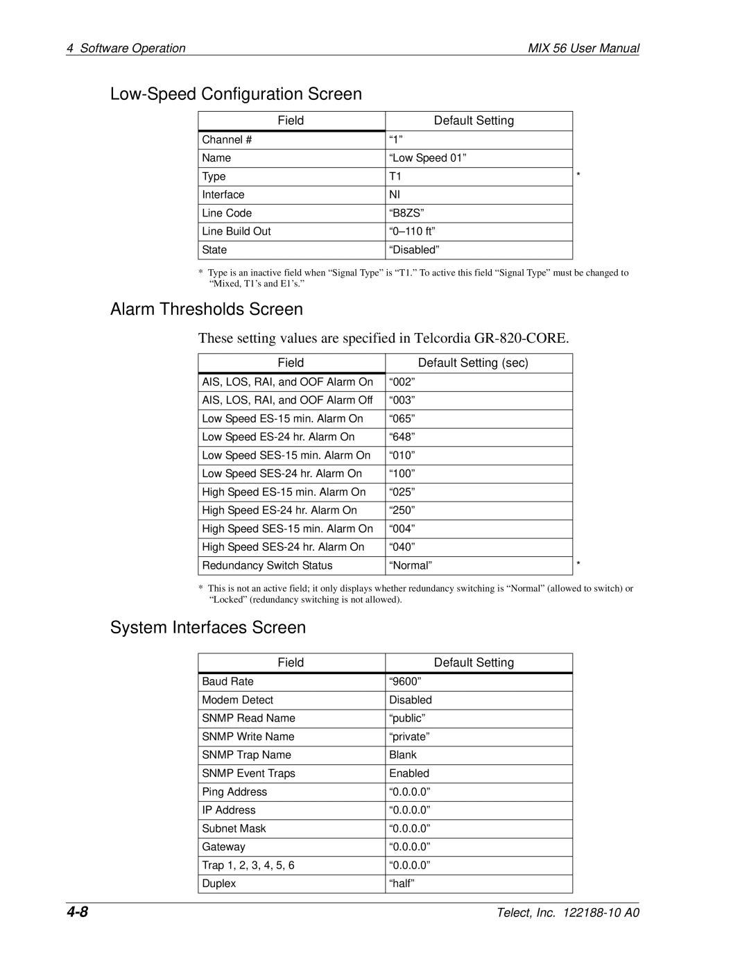 Telect MIX 56 user manual Low-Speed Configuration Screen, Alarm Thresholds Screen, System Interfaces Screen 