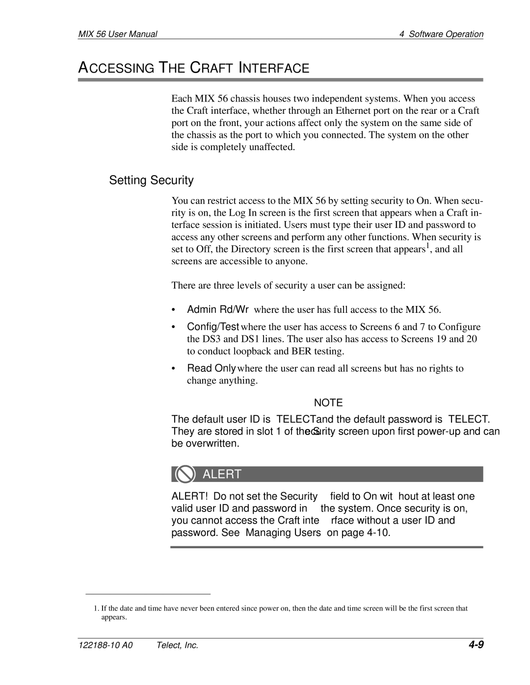 Telect MIX 56 user manual Accessing the Craft Interface, Setting Security 