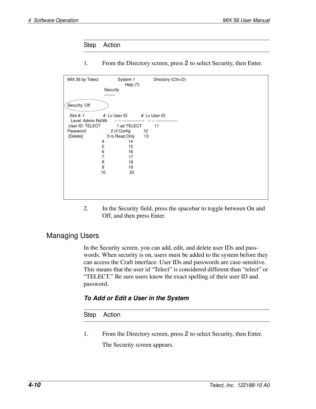 Telect MIX 56 user manual Managing Users, To Add or Edit a User in the System 