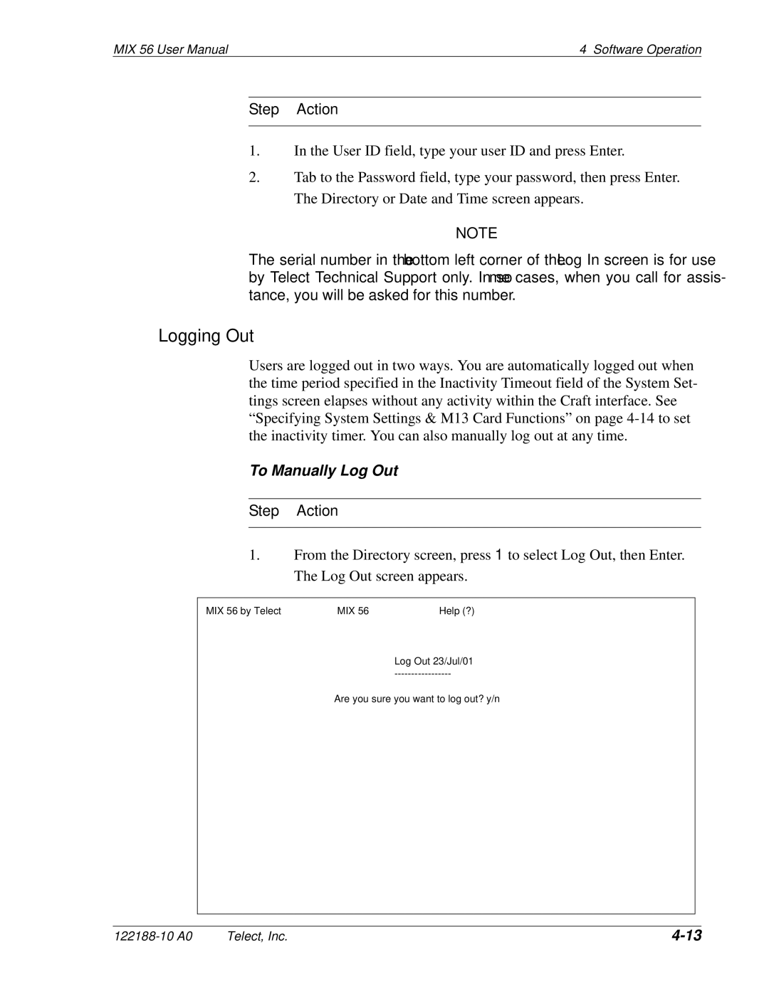 Telect MIX 56 user manual Logging Out, To Manually Log Out 